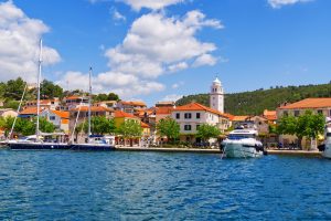 Skradin, Croatia. View on the Skradin and yachts in Krka national park in Croatia